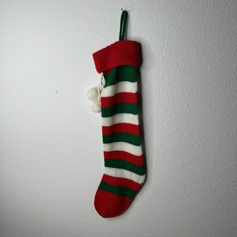 Vintage Knit Christmas Stockings Red‎ Green & White Striped Holiday Classic 21
